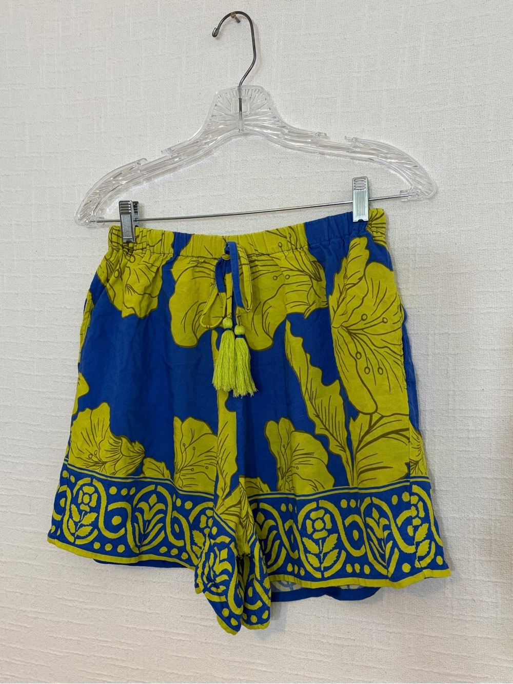 America & Beyond Women's S Blue Yellow Floral Cotton Shorts Elastic Drawstring